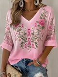 Women's Floral Printed T-shirt for Breast Health Awareness
