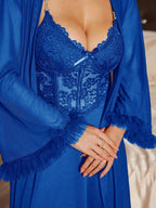 Slumberist 2pcs/Set Fishbone Design Waist Lace Camisole Nightgown + Floral Trim Wide Sleeve Mesh Robe