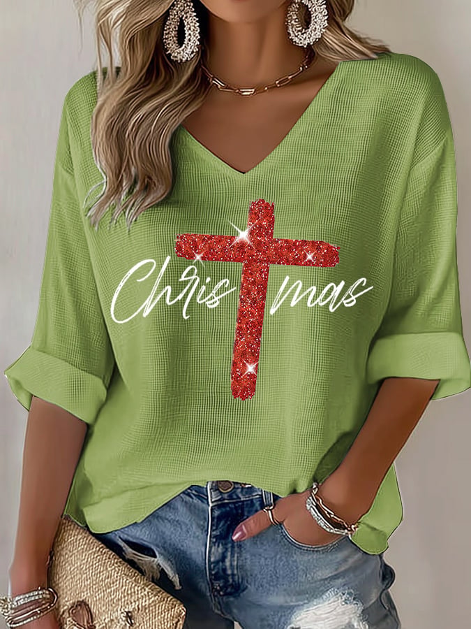 V-Neck Retro Christmas Faith Cross Print T-Shirt