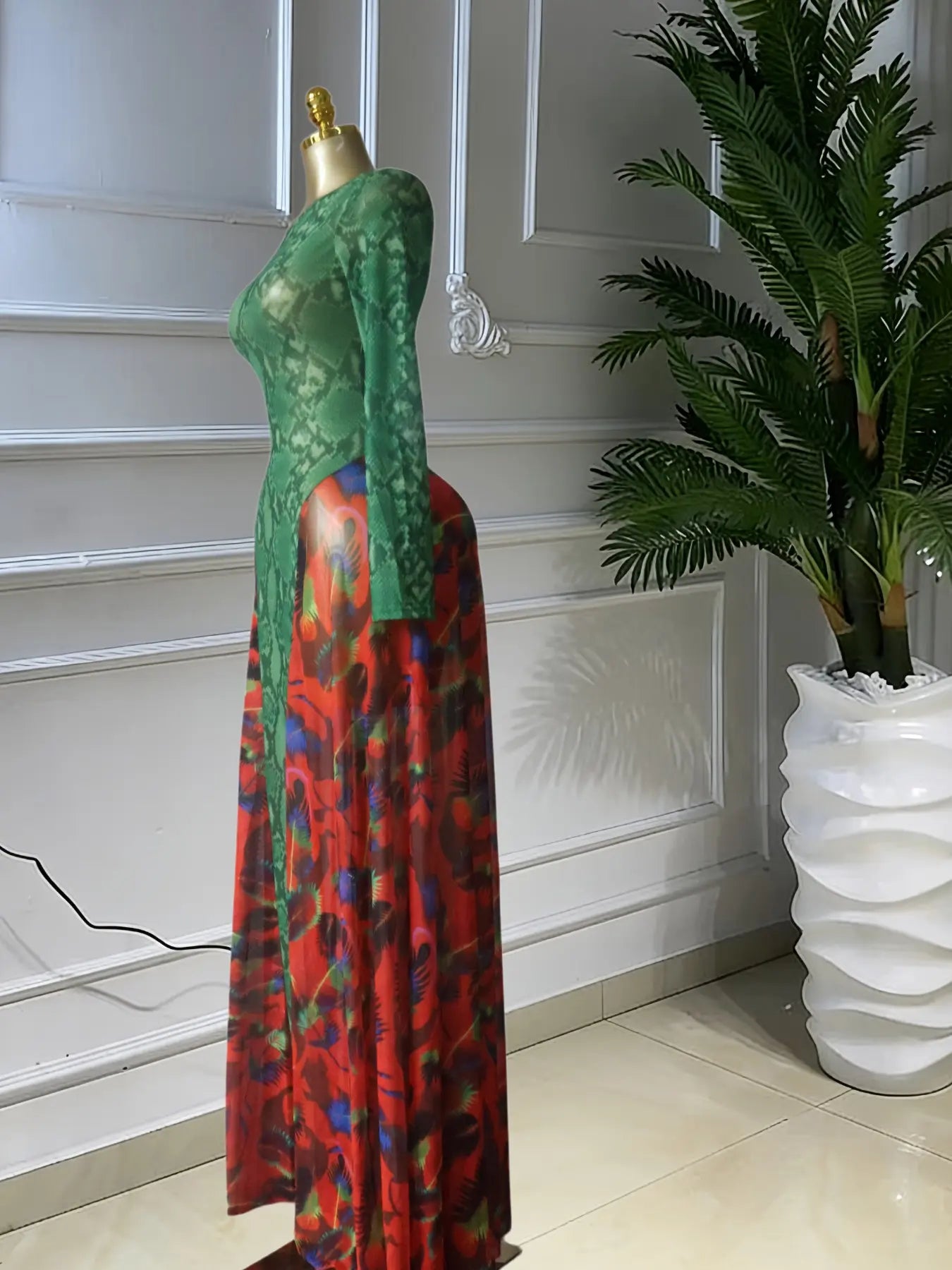 Elegant Chic Women's O-neck Long Sleeve Big Swing A-line Formal Prom Dress, Evening Formal Wear, Sexy Party Outfit Evening Gown, Street Beach Summer Vacation Maxi Sheer Print Dress, Female Fashion Music Festival Dress,Lady Cocktail Skirt