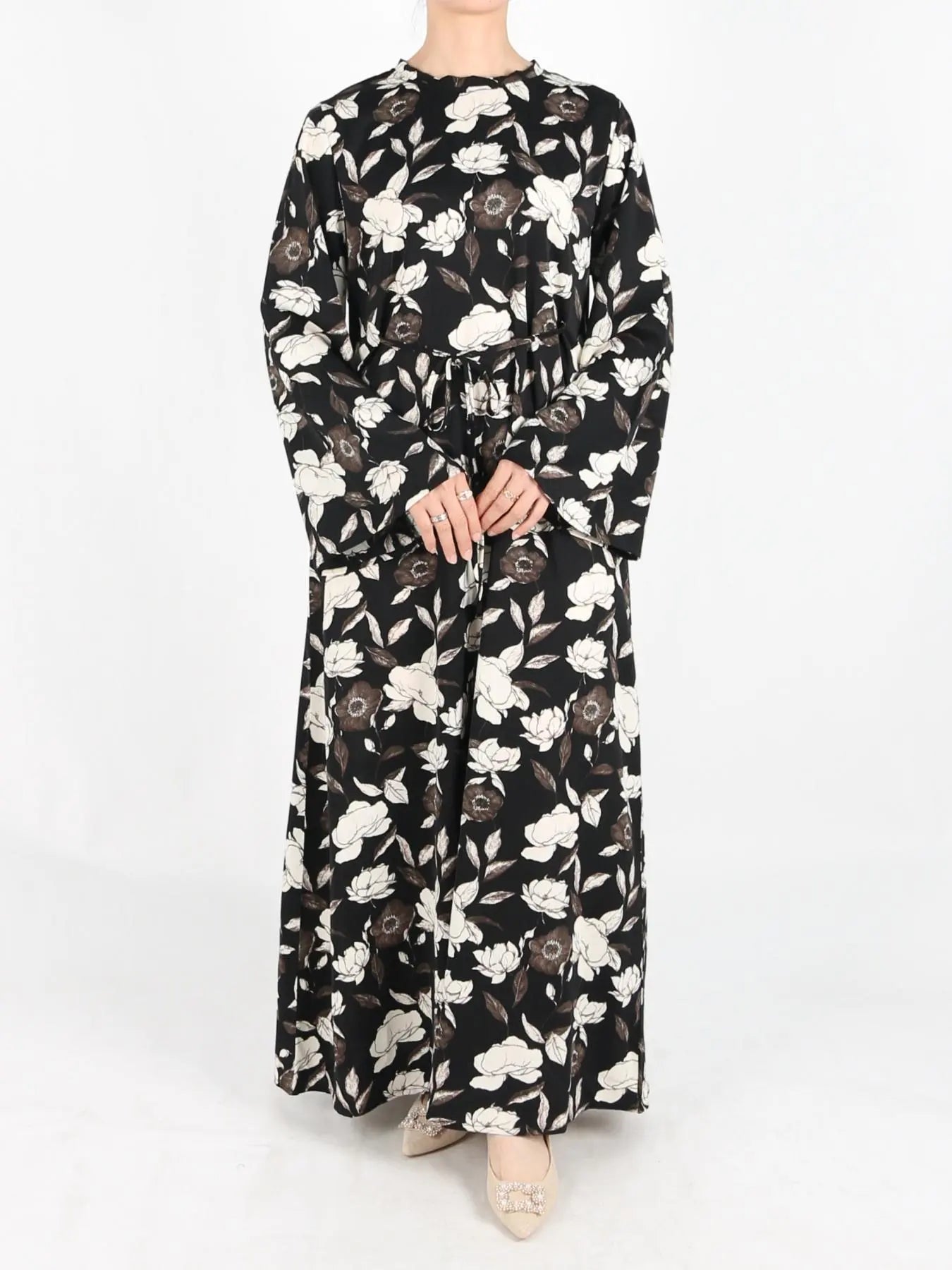 Women's Tie Side Zipper Back Dress, Elegant Long Sleeve Belted Abaya Dress for Daily Wear, Ladies Islamic Clothing for All Seasons, Round Neck Abayas