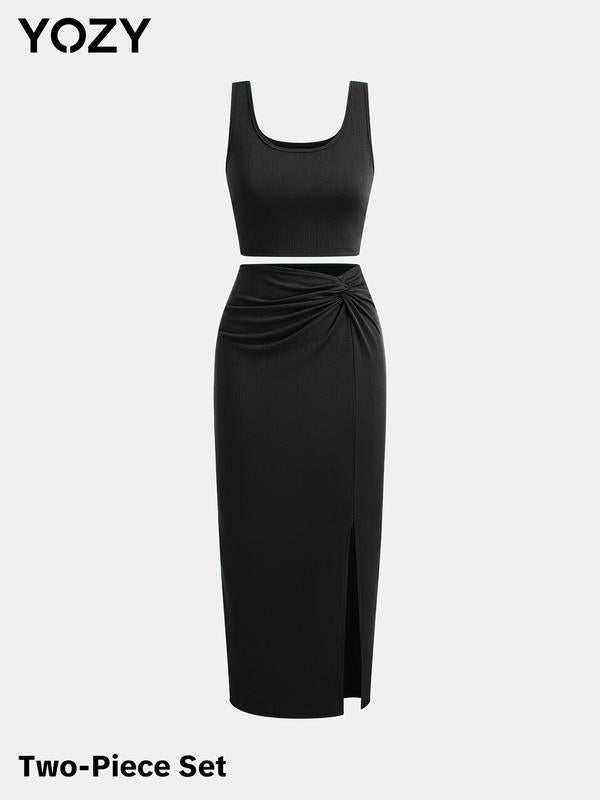 YOZY Solid Ribbed Crop Tank Top & Twist Split Skirt Set, Elegant Square Neck Sleeveless Top & High Waist Bodycon Skirt, 2024 Women's Summer Outfits for Party, Holiday, Vacation