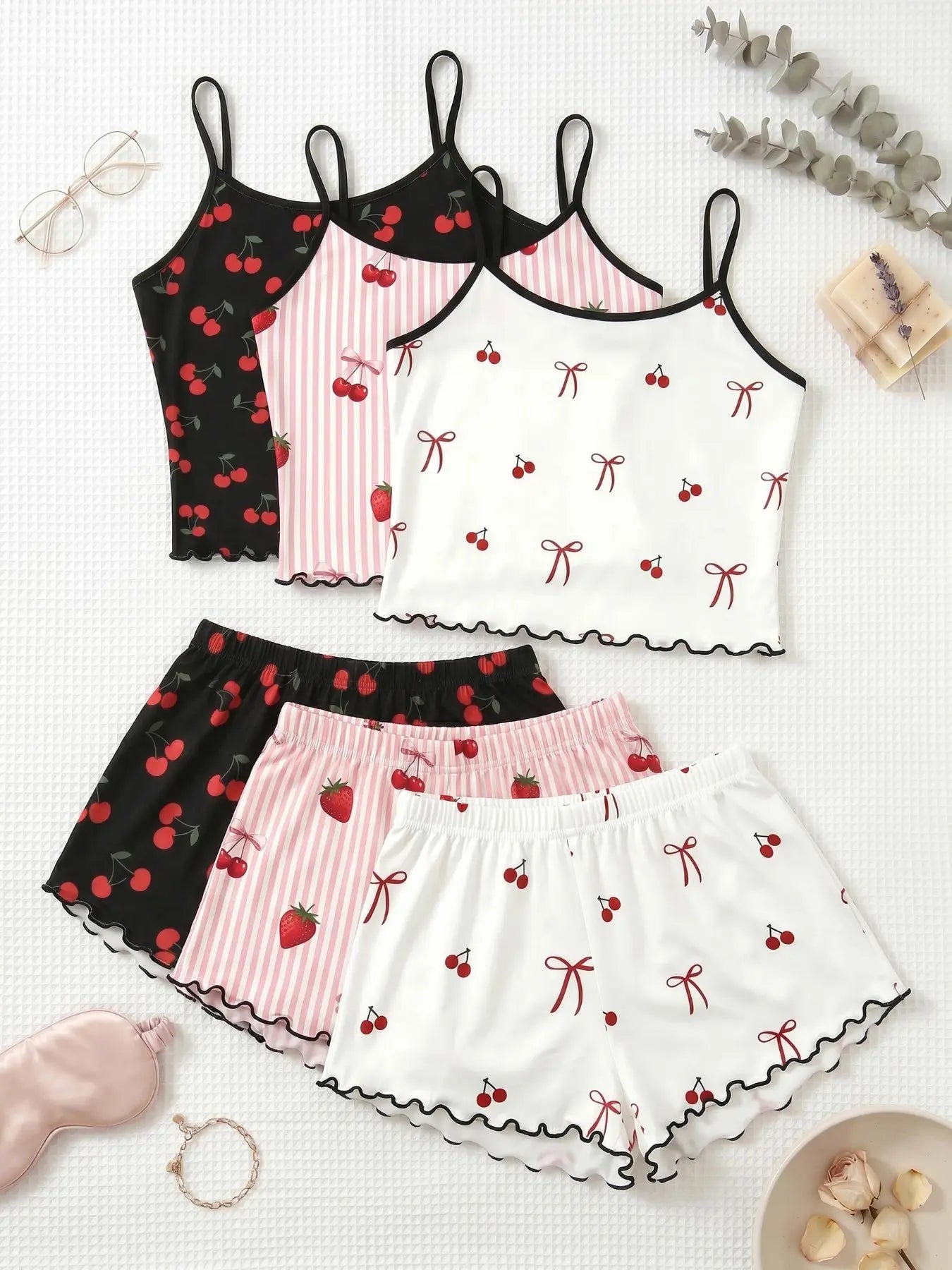 Cherry Print Halter Short Pajamas, Ruffle Trim Design, Sweet Girl Style, Breathable Home Sleepwear, 3-Piece Set