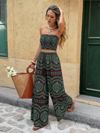 Frenchy Women's Blue And White Plant Print Cropped Tube Top & Wide Leg Pants 2 Pieces Set,Boho Summer Holiday Vacation Holiday Beach Bohemian Outfits Suit