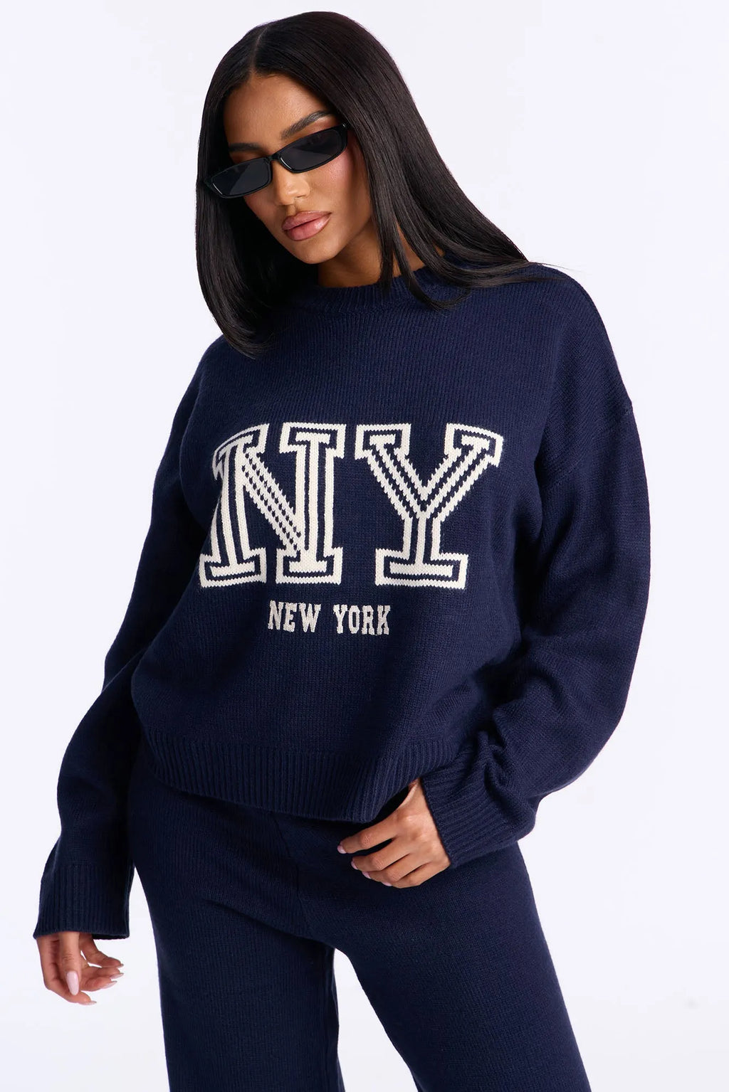 New York Prep Crew Neck Sweater Pant Set - Navy