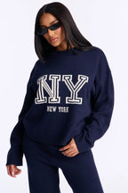 New York Prep Crew Neck Sweater Pant Set - Navy