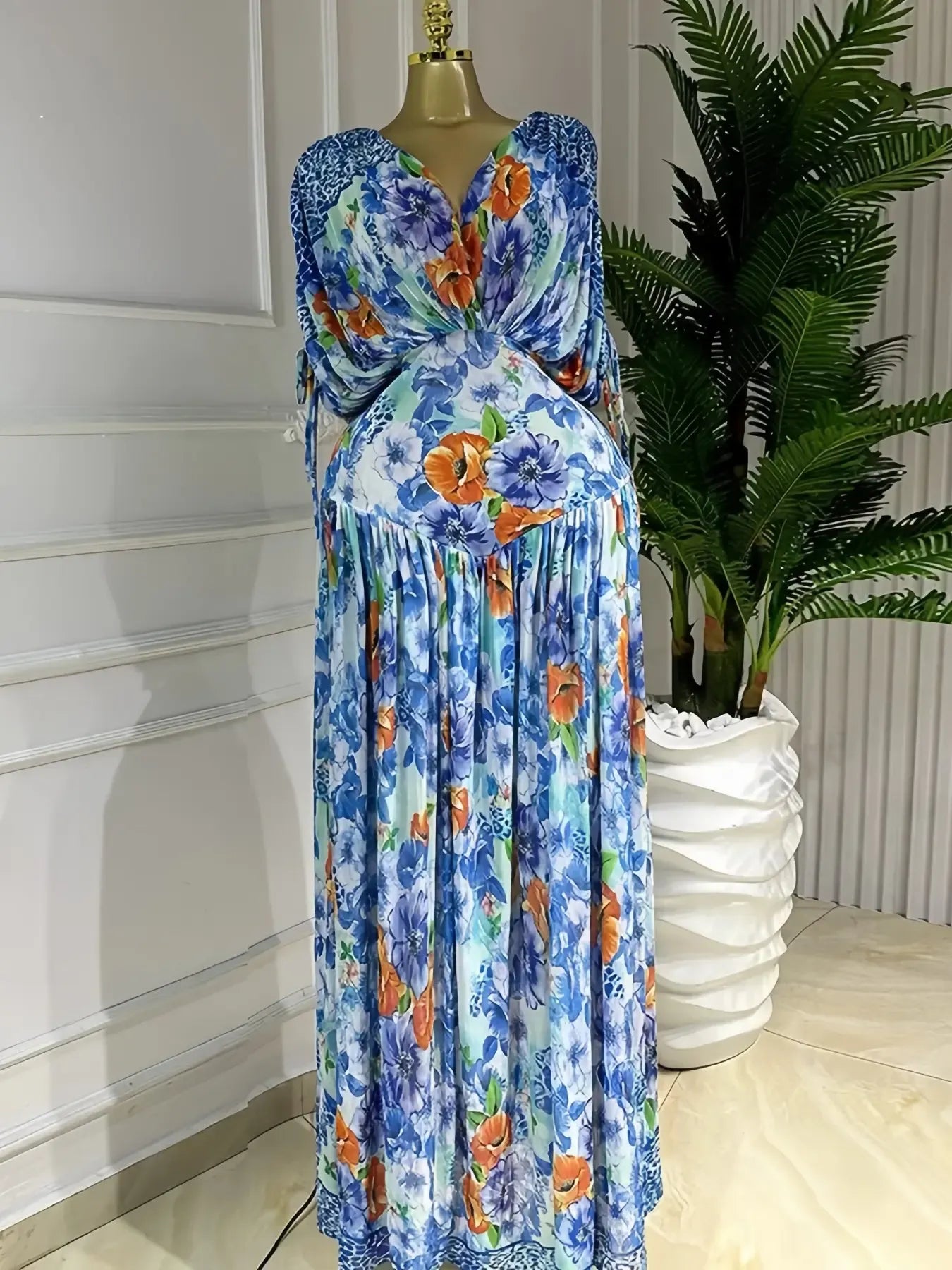 Women's Lady Tie-Dye Print V-Neck Batwing Short Sleeve Maxi Dress, Womenswear Autumn Birthday Party Vacation Gown, Sexy Evening Dress, Elegant Dress, Pleated A-line Trendy Floor Length Dresses, Streetwear Beach Clothing