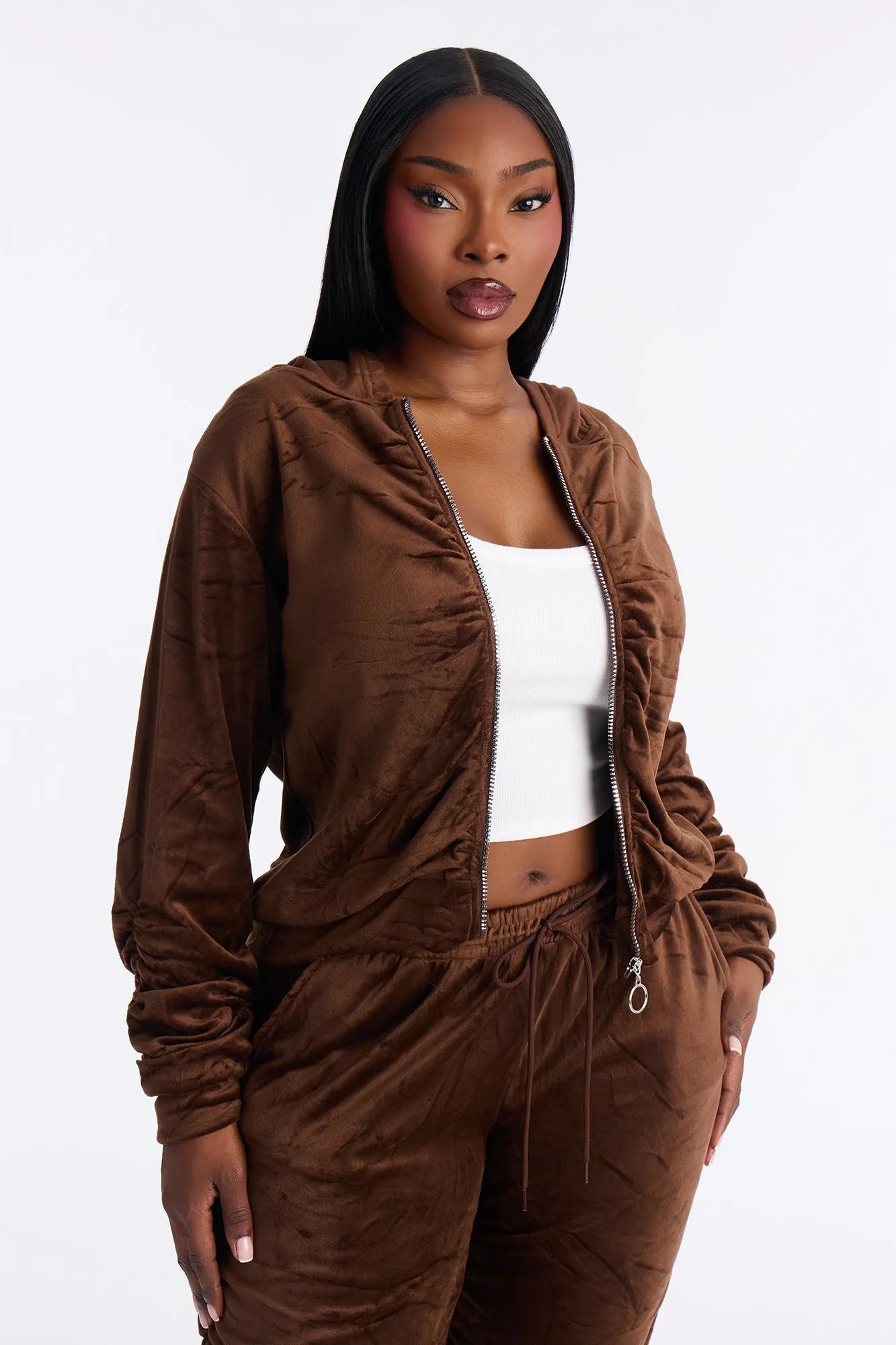 Soft Girl Energy Ruched Velour Jogger Set - Black