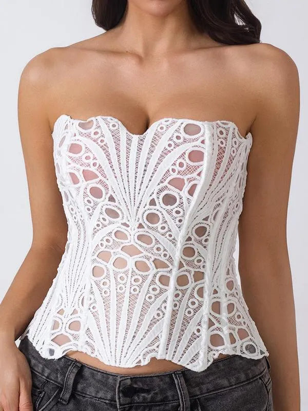 Women's Random Pattern Lace Up Shapewear Tube Top, Elegant Contrast Lace Corset Top, Tummy Control Shapewear for Women