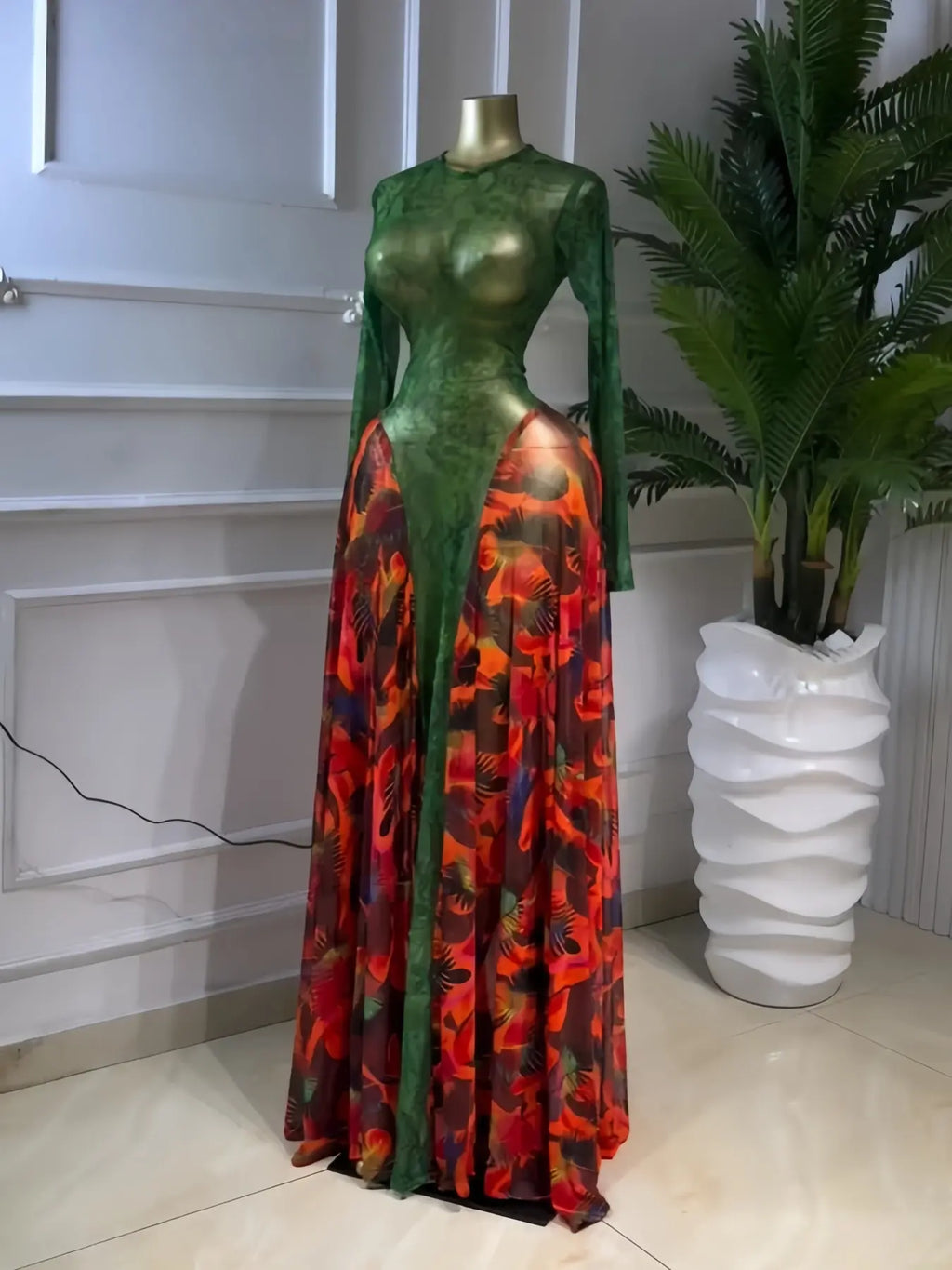 Elegant Chic Women's O-neck Long Sleeve Big Swing A-line Formal Prom Dress, Evening Formal Wear, Sexy Party Outfit Evening Gown, Street Beach Summer Vacation Maxi Sheer Print Dress, Female Fashion Music Festival Dress,Lady Cocktail Skirt