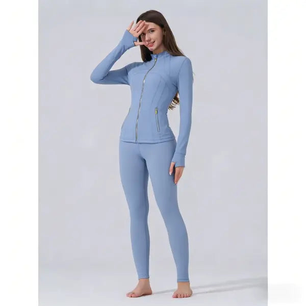 【Golden Zipper】Soft Brushed Women's Sport | Yoga | Quick-dry | Workout Jacket & High Waisted Cropped Leggings. Golden Zipper Jacket with Pockets, Yoga Pants, Thumbholes Design, Casual Slim fit Wear for Women