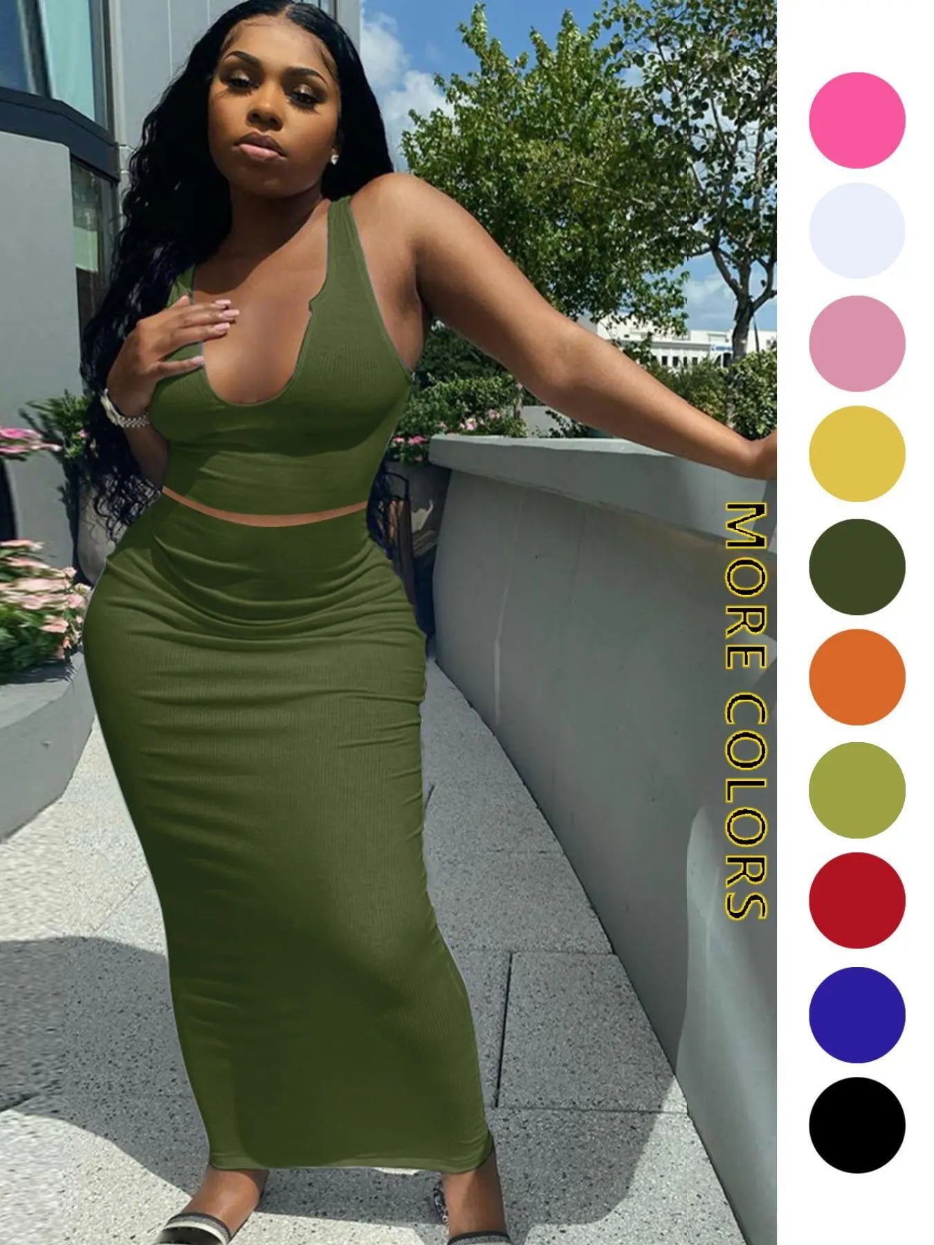Two-piece Set Women's Solid Notched Neck Crop Tank Top & High Waist Bodycon Skirt Set, Casual Slim Sleeveless Top & Long Skirt, Ladies Summer Clothes for Daily Wear, Outfit Sets Women, Summer Outfits Set