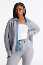 Michelle Denim Sweater Mix Pant Set - Grey