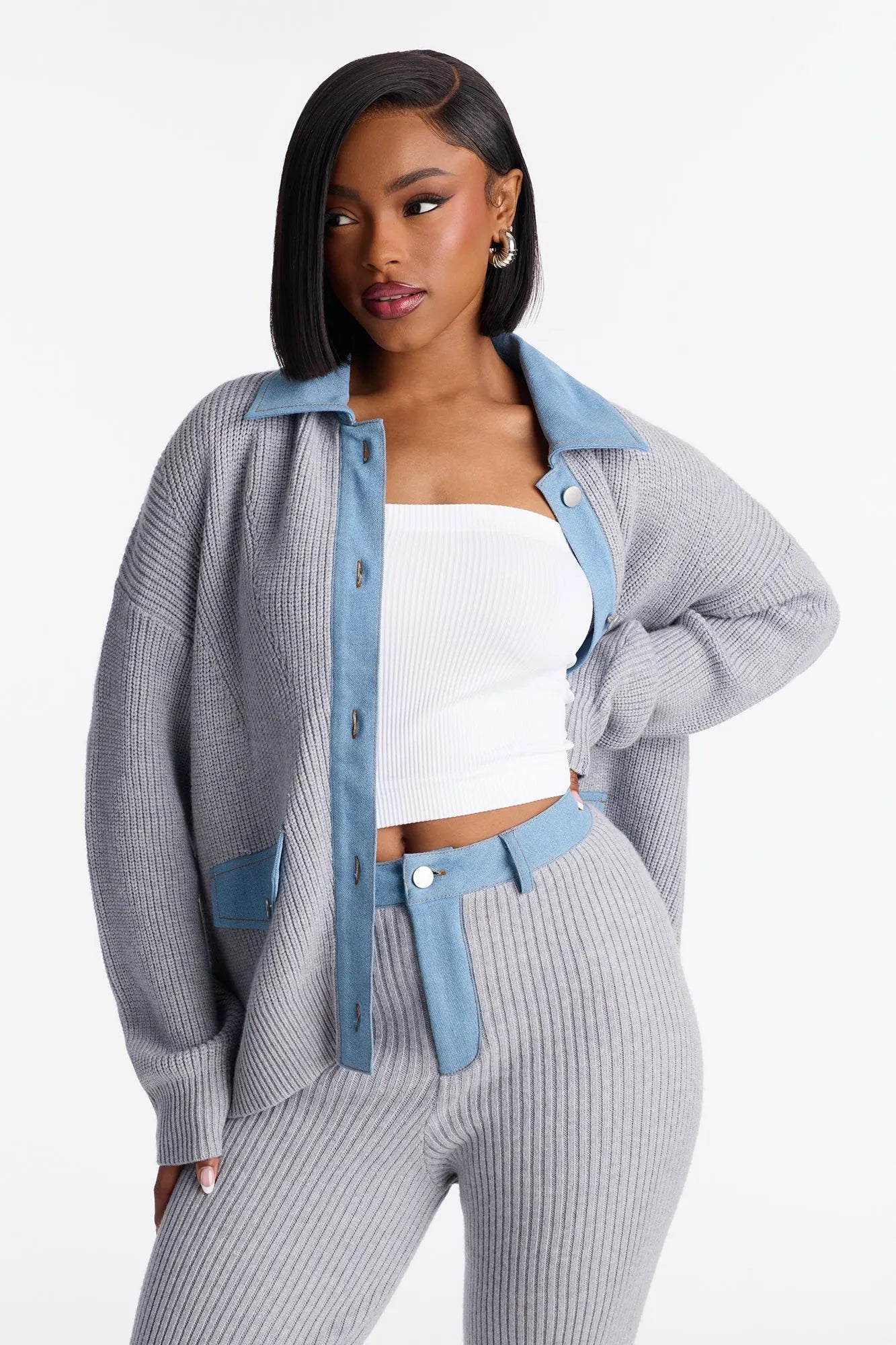 Michelle Denim Sweater Mix Pant Set - Grey