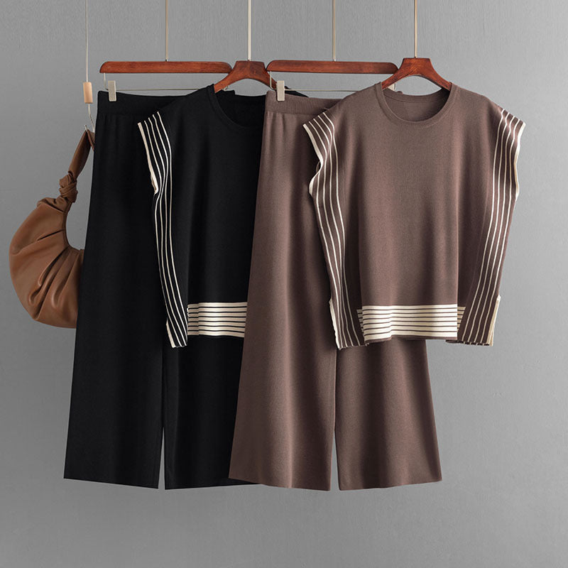Stylish Striped Patchwork Solid Color Sleeveless Top & High Waist Pants Two-Piece Set