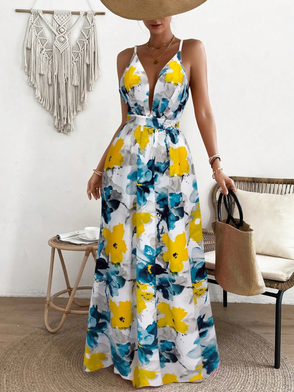 Women's All Over Print Deep V Neck Sleeveless Backless Cami Maxi Dress, Beachwear Dress, Elegant Adjustable Strap Criss Cross A Line Dress for Beach Holiday Vacation, Ladies Summer Clothes