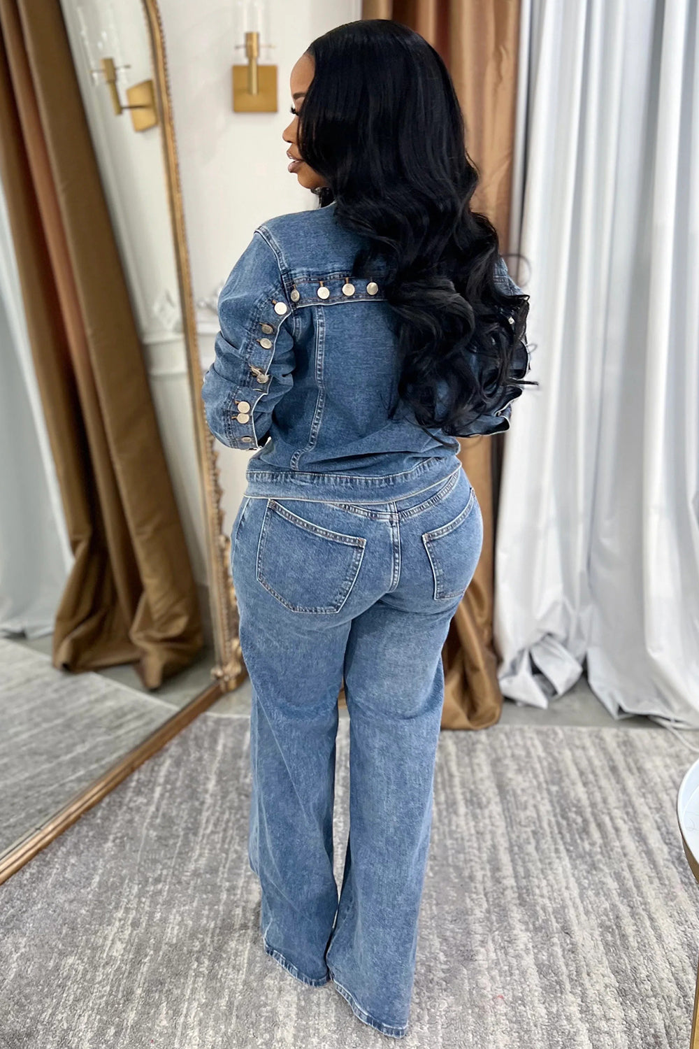 Pocket Button Decor Long Sleeve Jacket Pants Denim 2pcs Set-Blue