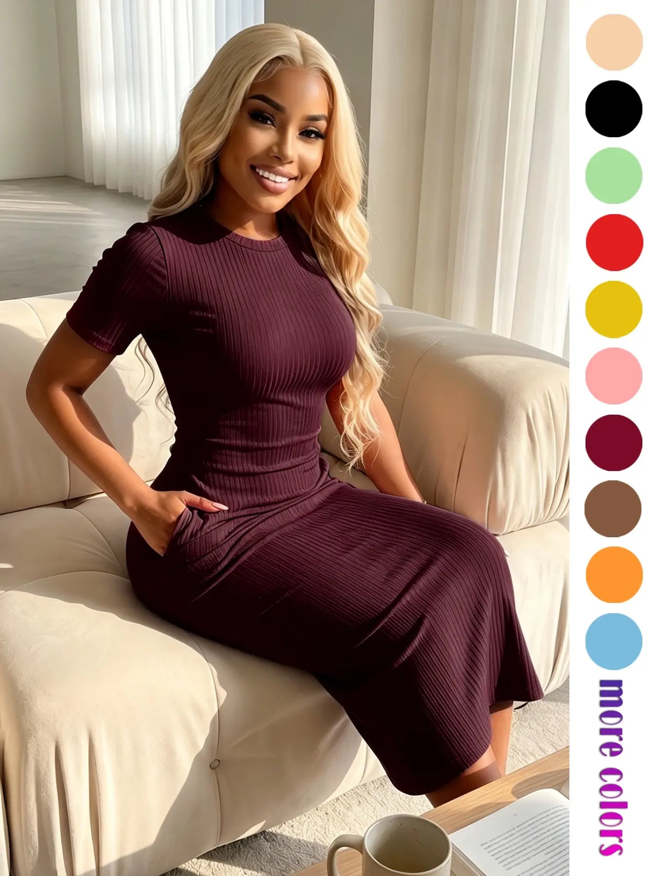 Threaded Elastic Solid Color Bodycon Dress, Breathable Elastic Party Outing Travel Pocket Long Dress, Summer Dress, Everyday Casual Wear, Womenswear