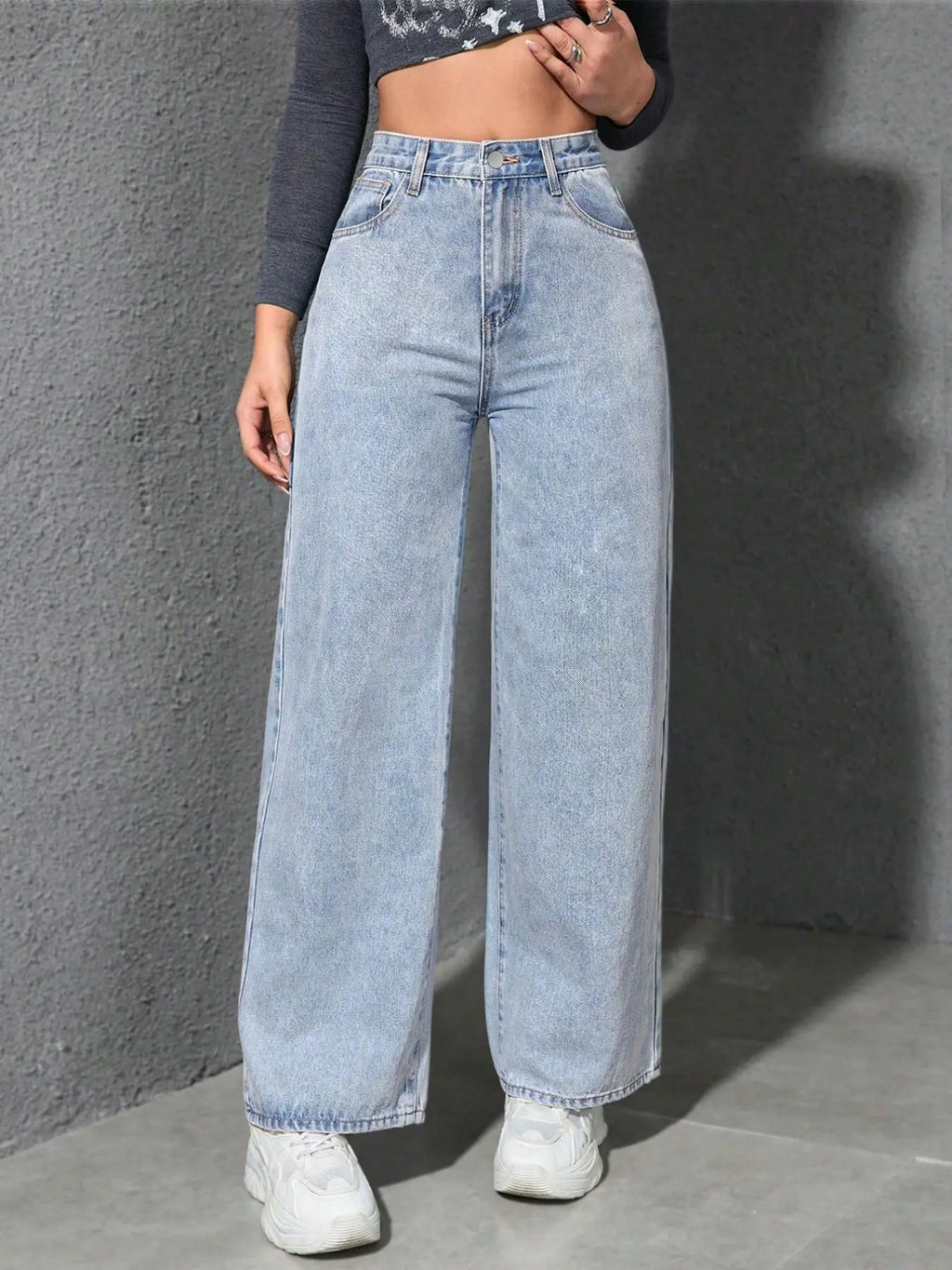 Spring Summer High Waist Elastic Women's Jeans, Washed Blue Casual Wide Leg Pants, Fitted H-Type Denim for Daily Commute and Vacation