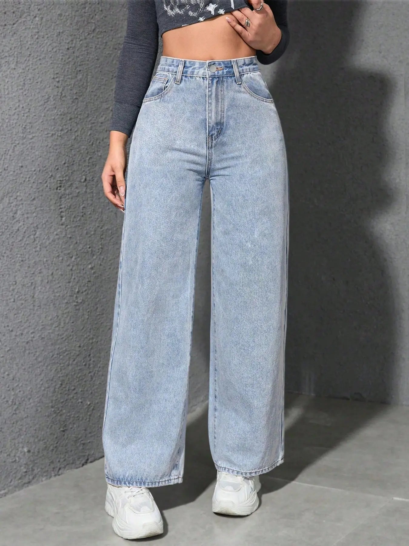Spring Summer High Waist Elastic Women's Jeans, Washed Blue Casual Wide Leg Pants, Fitted H-Type Denim for Daily Commute and Vacation