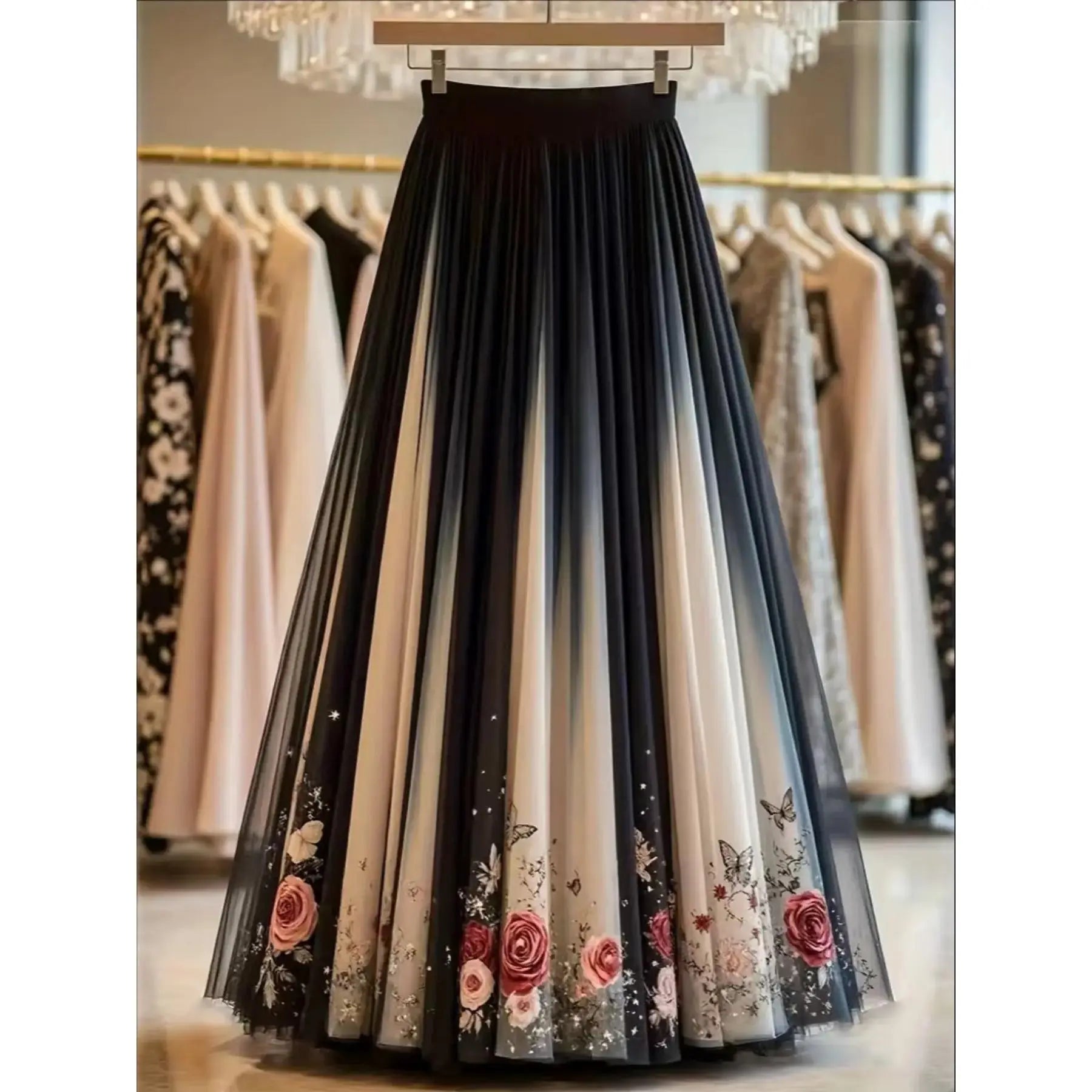 Elegant Floral Pattern Mesh Long Fitted Skirt, Women's Fashion Clothing, Perfect for Parties & Special Occasions