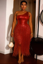 One Shoulder Sleeveless Fringe Metallic Party Maxi Dresses-Gold