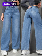 Spring Summer High Waist Elastic Women's Jeans, Washed Blue Casual Wide Leg Pants, Fitted H-Type Denim for Daily Commute and Vacation