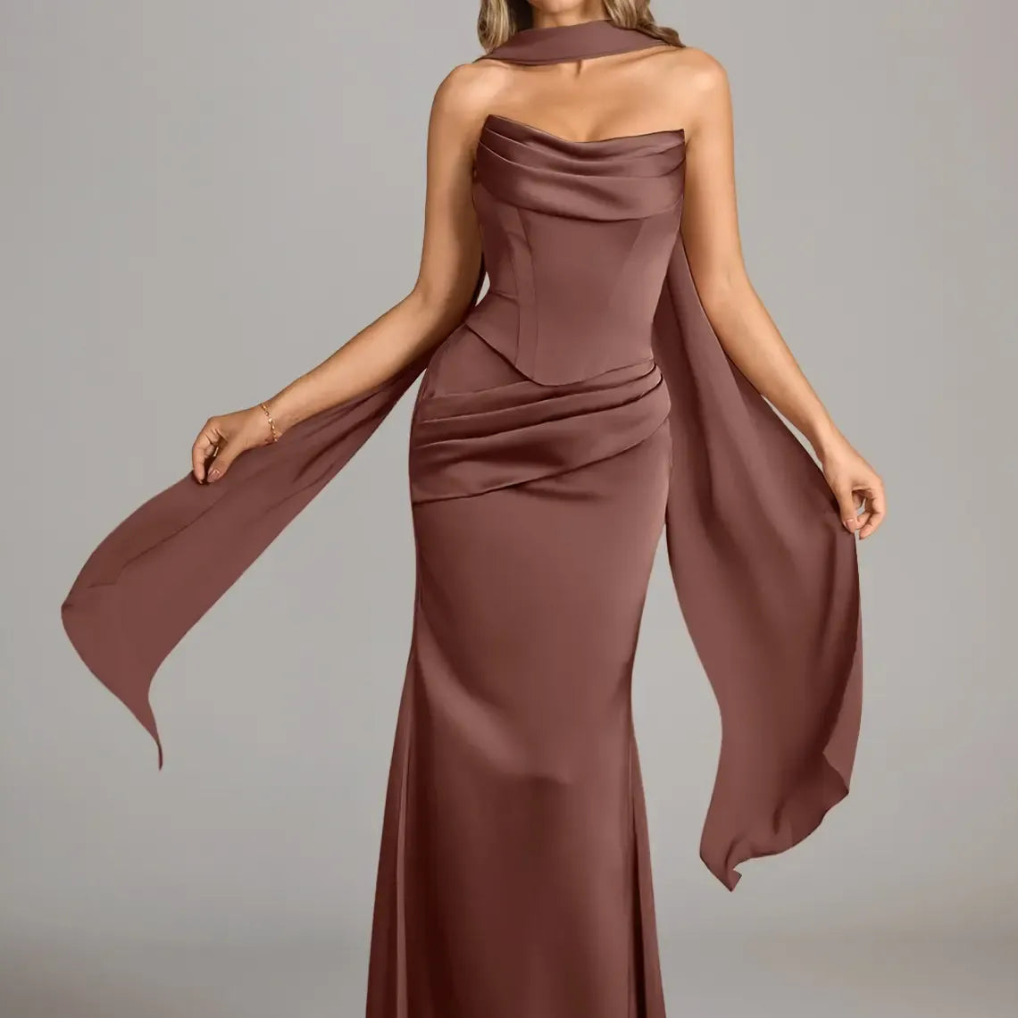 Azazie Sorrel Corset Lace-up Mermaid Wedding Guest Evening Luminous Satin Maxi Dress Minimalist
