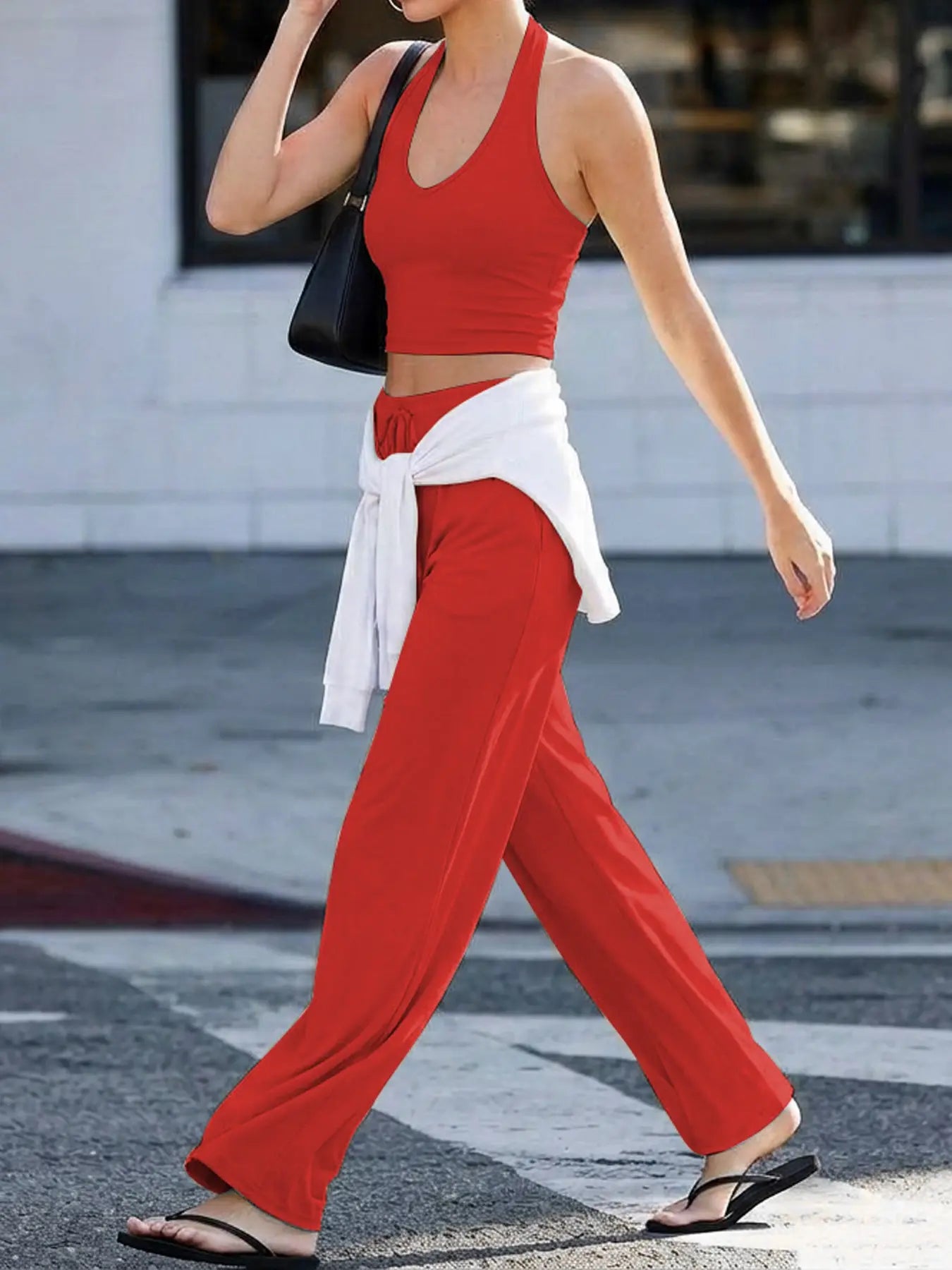 Women's Solid Crop Tank Top & Wide Leg Pants Set