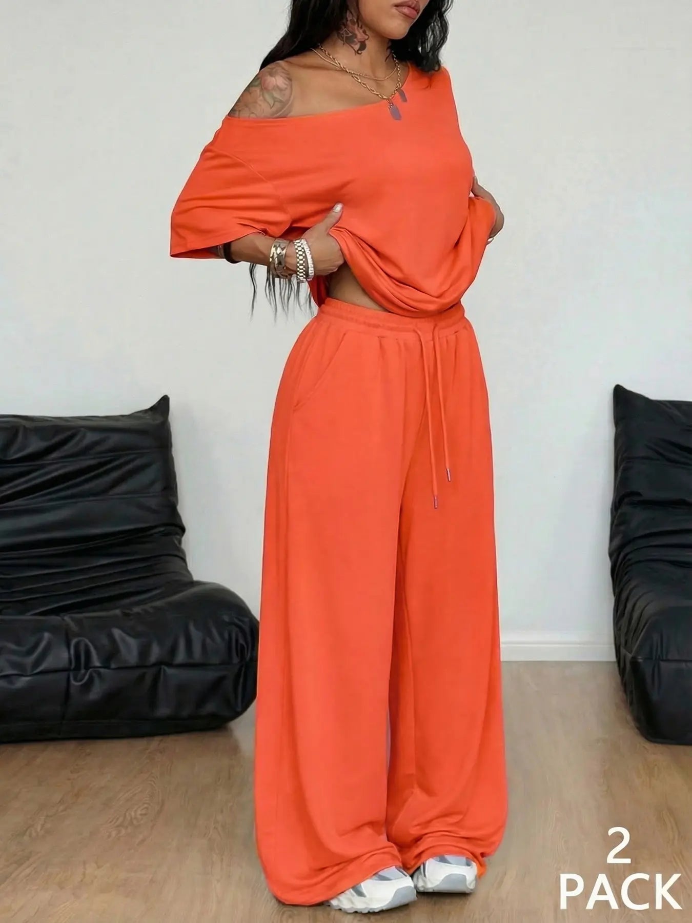 Women's Minimalist Off Shoulder T-Shirt & Wide Leg Pants Set