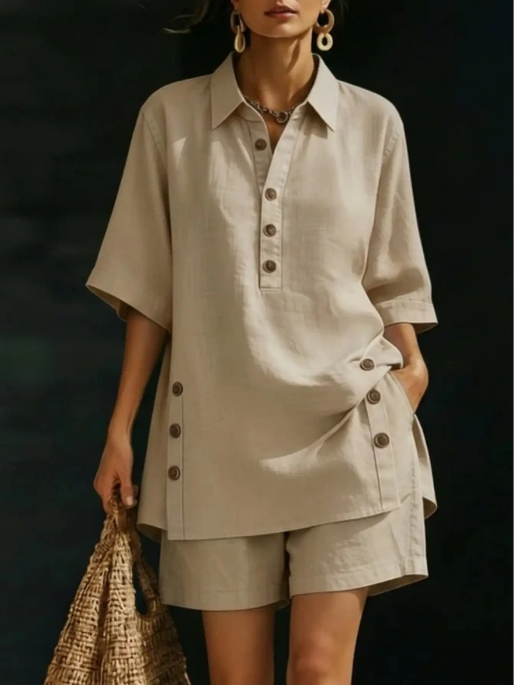 A New Two-Piece Outfit for Women Featuring a Short-Sleeved Shirt And Loose-Fitting Trousers for The Spring/Summer 2026 Season