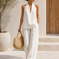 Boho Ice Silk Crinkle Fabric Two Piece Set - Perfect for Beach, Vacation & Brunch! Halter Neck Sleeveless Top Wide Leg Pants Set # TwoPieceSet #   WideLegPants #           HalterNeck #           SummerOutfit #           BohoFashion #