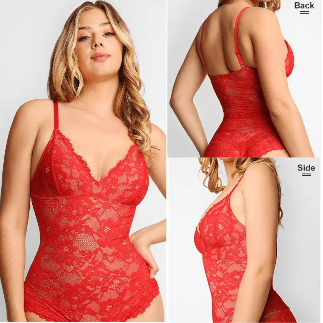 Popilush Basic Full Lace Built in Shapewear Bodysuit Women Vneck Compression Sleeveless Thong Tummy Control Backless Adjustable Sexy Bodysuit Womenswear Summervibe