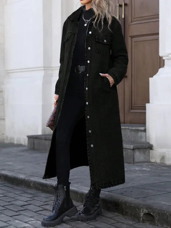 Women's Button Front Denim Coat, Elegant Casual Long Sleeve Denim Jacket for Spring & Fall, Women's Clothing for Daily Wear, Outerwear