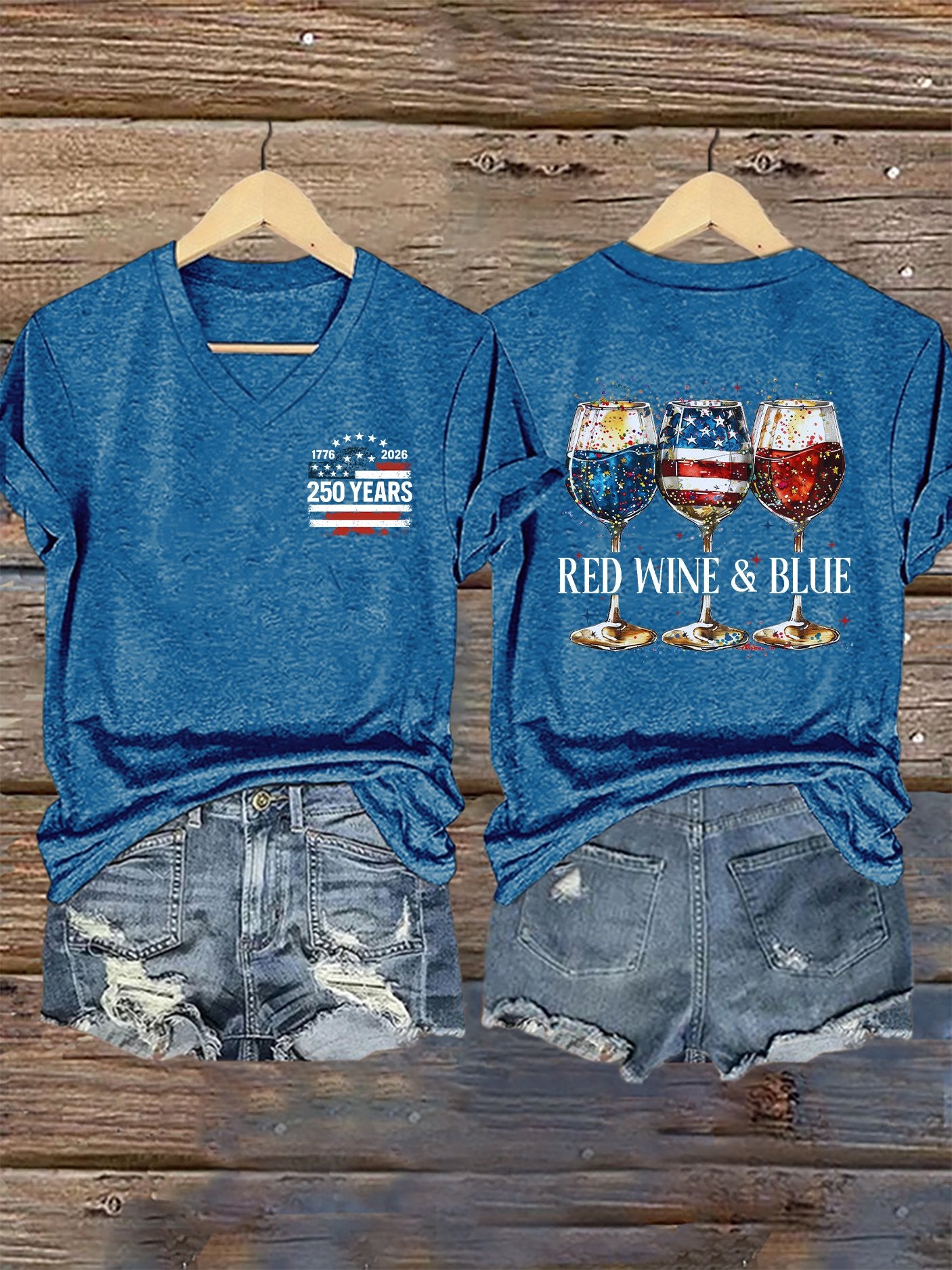 V-Neck Retro 1776–2026 250 Year Red Wine & Blue Print T-Shirt