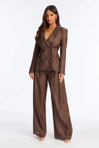 Serenity Sheer Blazer Pant Set - Chocolate