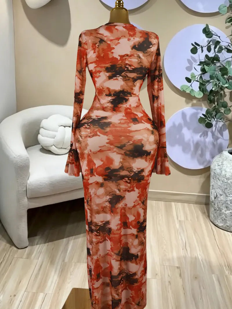 Elegant Women's Printed Long Sleeves O-Neck Tiered Bodycon Long Prom Dress, Fashion Street Vacation Party Outfit Evening Gown, Lady Casual Dresses,Female Brunch Dresses