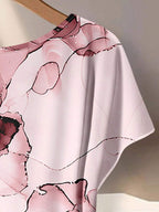 Women's Aqua Blue Summer Casual Vacation Holiday 2 Pieces Set,Abstract Floral Pattern Shirt With Tie Bow & Loose Straight Leg Pants,Vintage Style