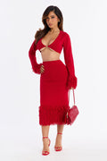 Savannah Sweater Fringe Midi Skirt Set - Red
