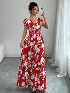 Elenzga Women V-Neck Allover Print Casual Long Dress