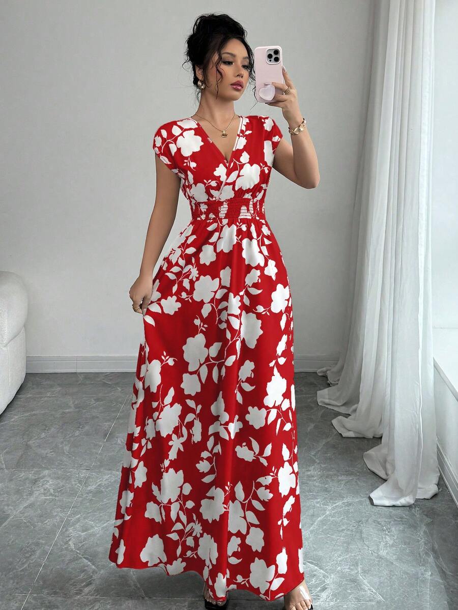 Elenzga Women V-Neck Allover Print Casual Long Dress