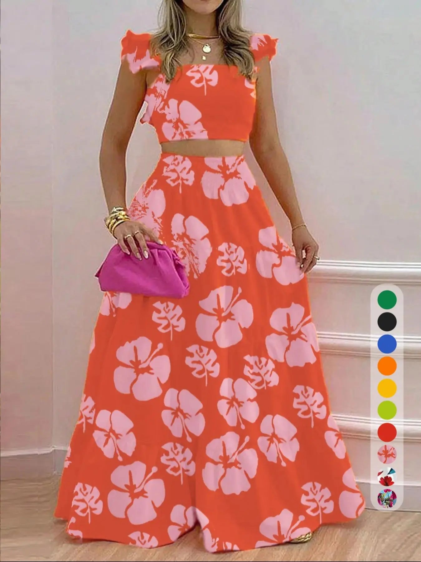 Women's Solid Color / Floral Print Shirred Top & Long Skirt Two-piece Set, Boho Fashion Casual Top & Skirt for Daily Holiday Vacation Wear, Ladies for Summer