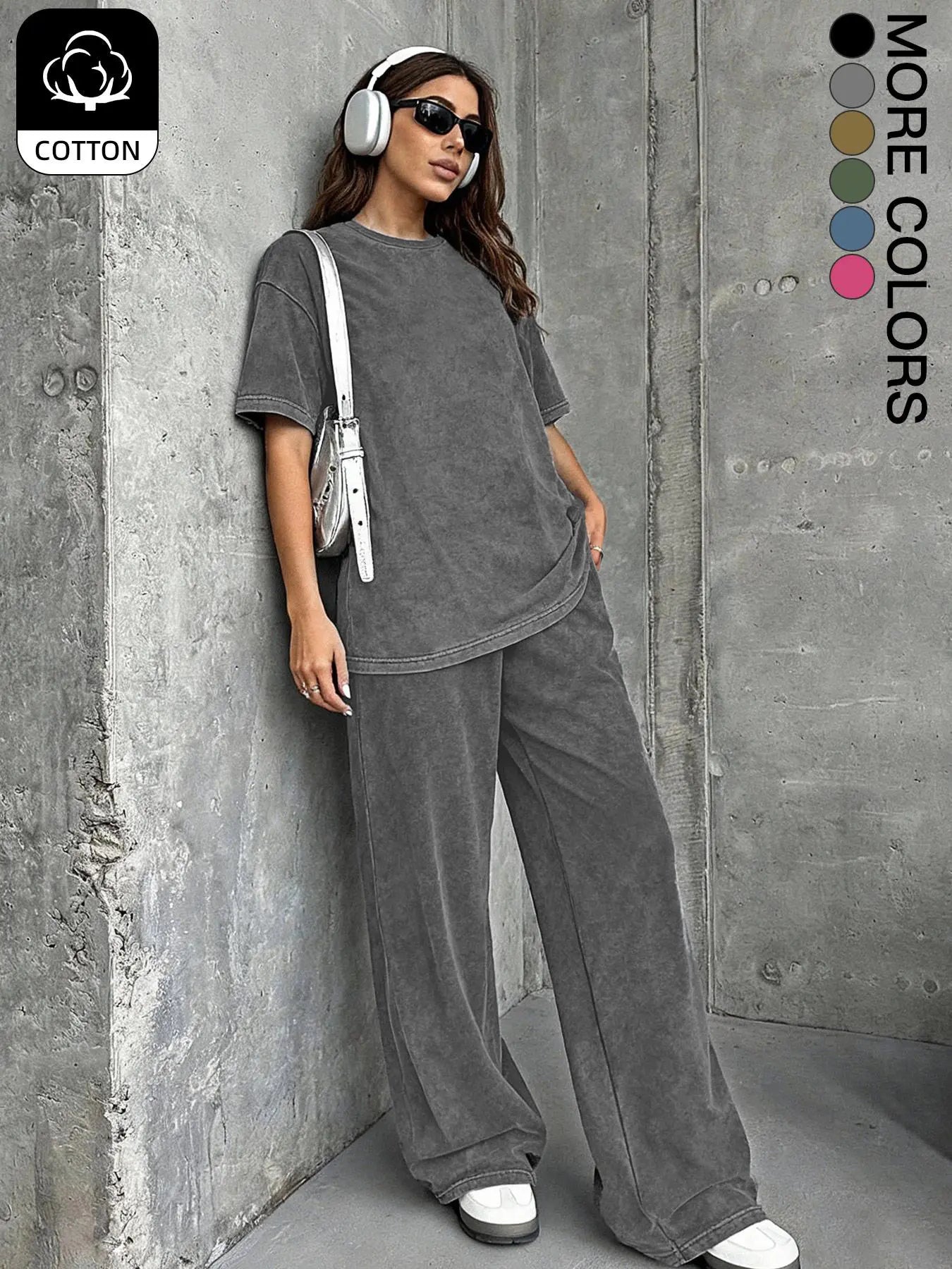 Women's Casual Loose Fit Acid Washed Cotton Short Sleeve T-Shirt and Long Pants Two-Piece Set, All Seasons, Plain Style