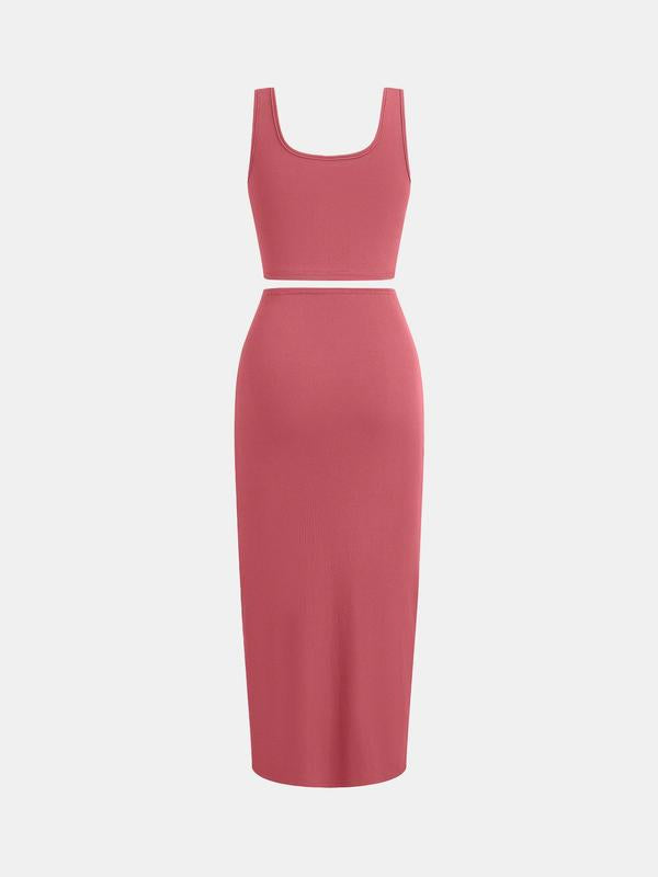 YOZY Solid Ribbed Crop Tank Top & Twist Split Skirt Set, Elegant Square Neck Sleeveless Top & High Waist Bodycon Skirt, 2024 Women's Summer Outfits for Party, Holiday, Vacation