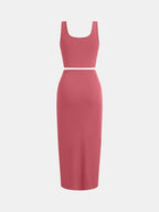 YOZY Solid Ribbed Crop Tank Top & Twist Split Skirt Set, Elegant Square Neck Sleeveless Top & High Waist Bodycon Skirt, 2024 Women's Summer Outfits for Party, Holiday, Vacation