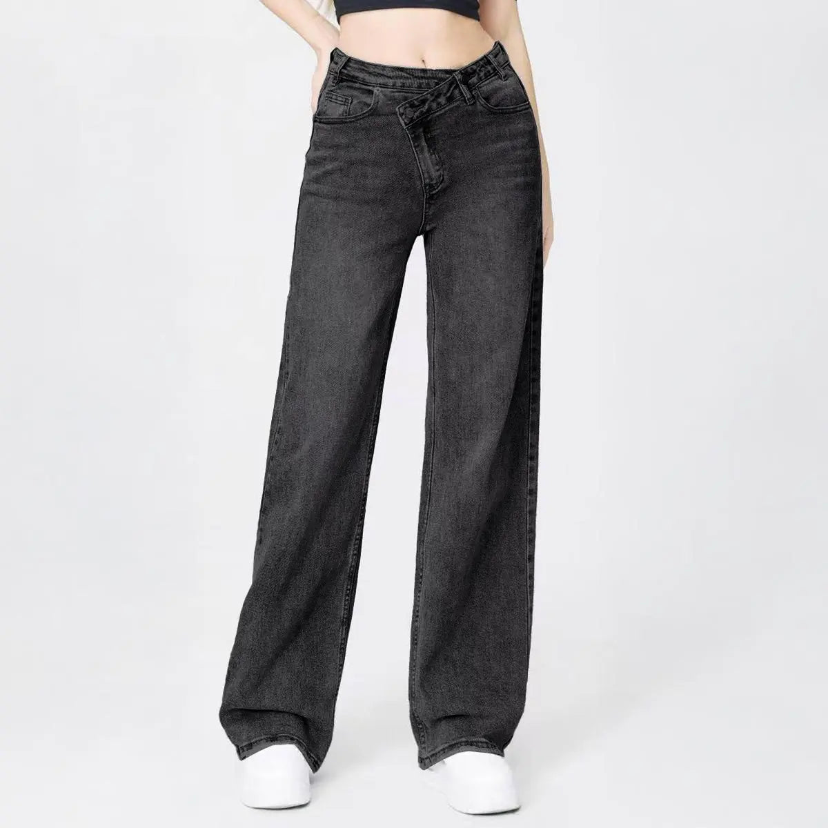Women's Street Chic High Waist Multi-Pocket Baggy Denim Wide Leg Jeans, Versatile Streetwear Outfits, Asymmetric Waist Denim Trousers
