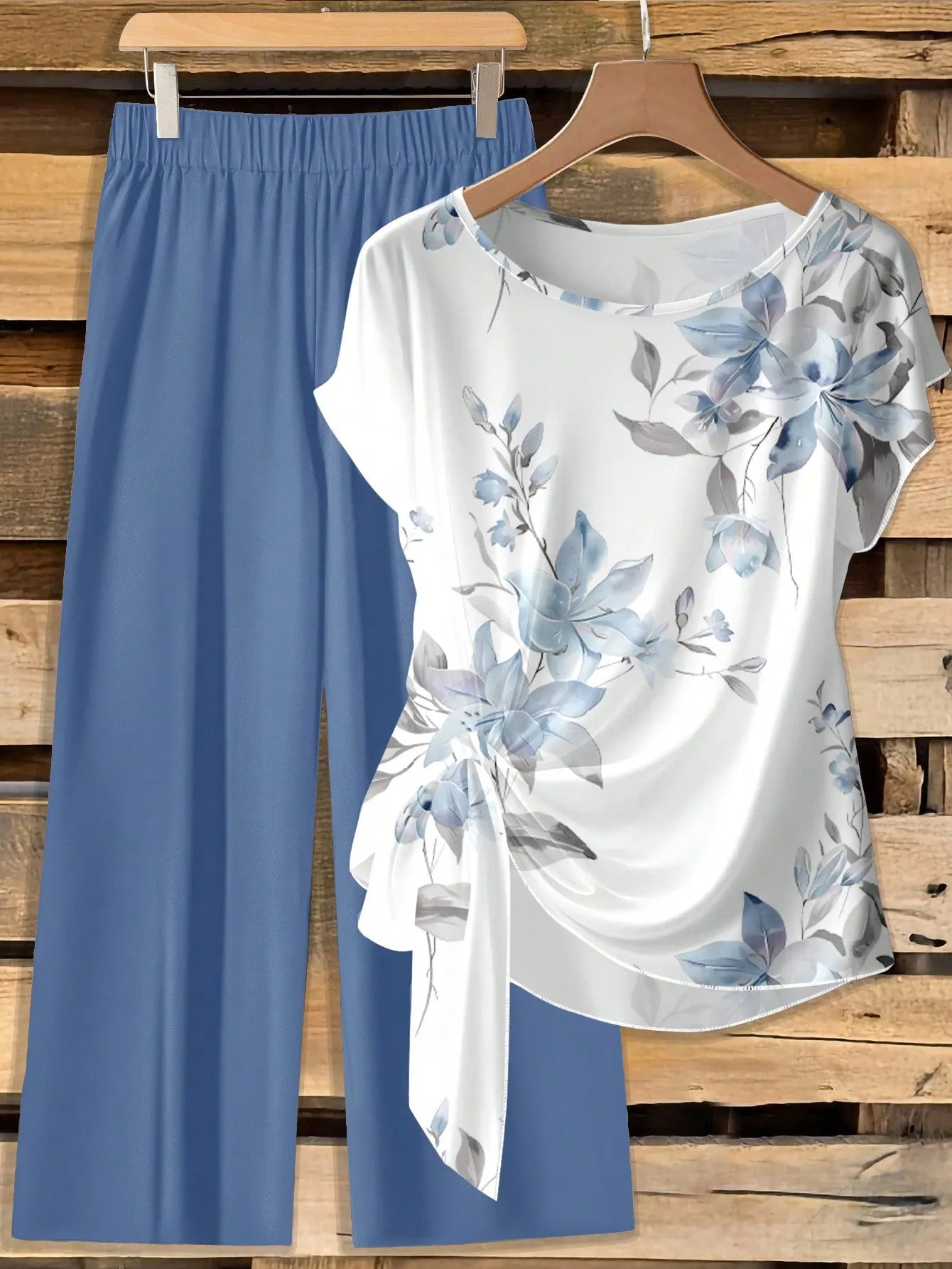 Women's Tie Bow Blouse And Loose Straight Leg Pants 2 Pieces Set,Casual Tropical,Summer Outfits For Women Vacation White Floral Light Yellow
