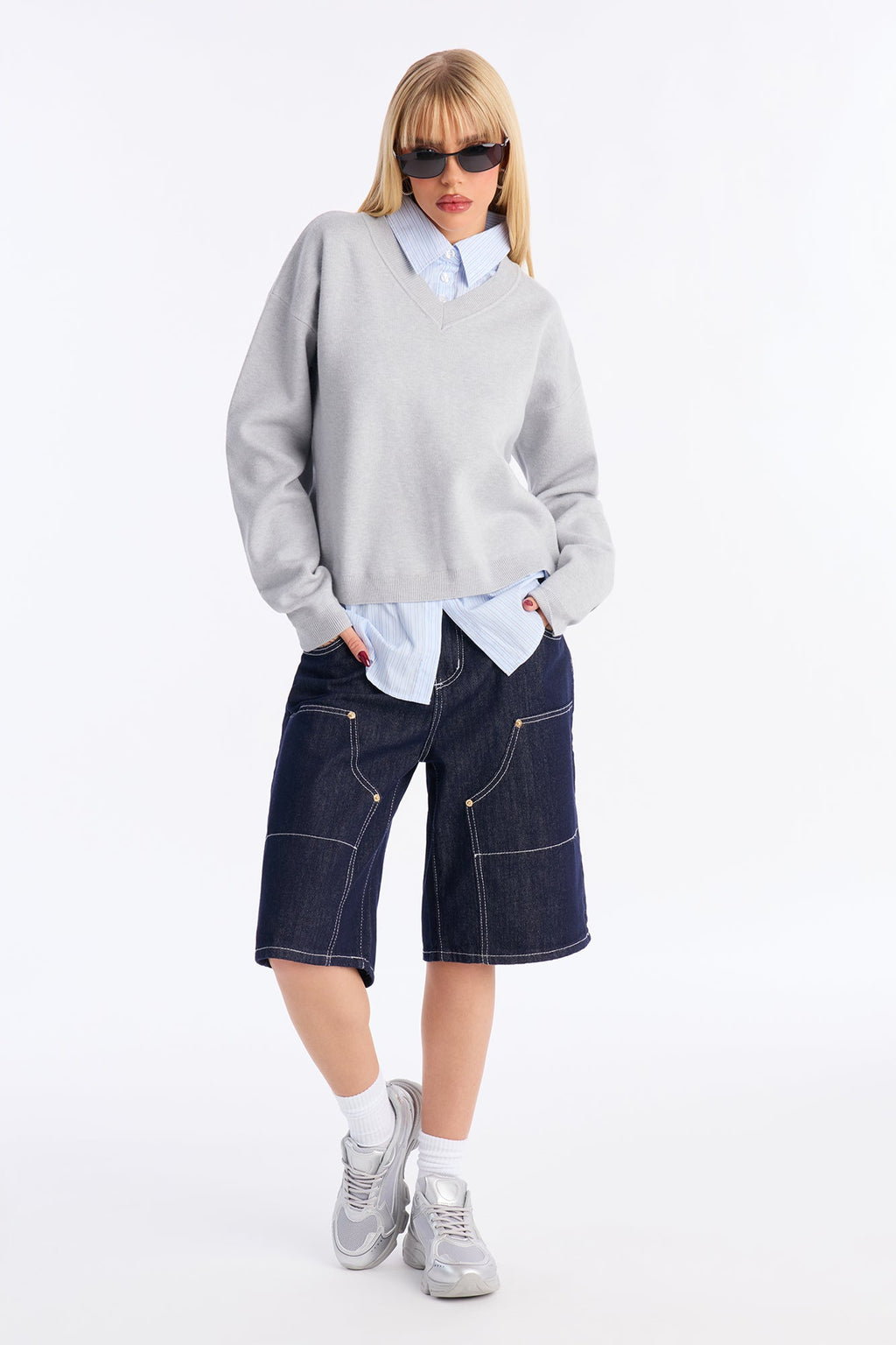 Office Vibes Set-In Poplin Sweater - Grey/combo