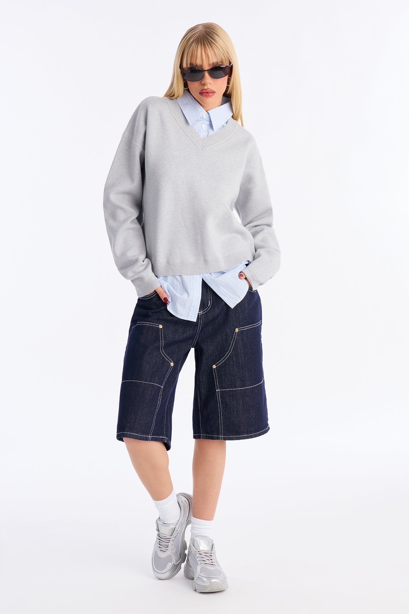 Office Vibes Set-In Poplin Sweater - Grey/combo