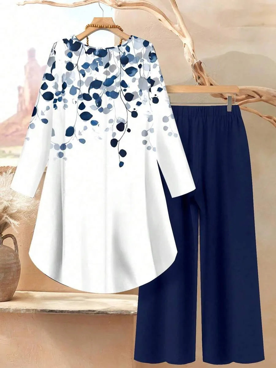 Women 2pcs Set White And Blue Navy Blue Floral Printed Top And Flowing Wide-Leg Pants Autumn Casual Elegant Tea Party Travel Vacation Work Outfits